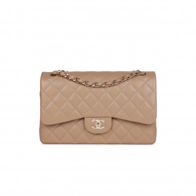 CHANEL JUMBO CLASSIC DOUBLE FLAP BAG DARK BEIGE CAVIAR GOLD HARDWARE (30*20*9cm)