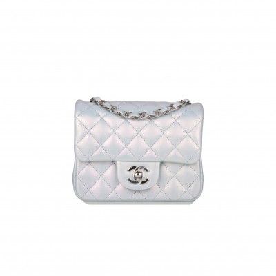 CHANEL MINI SQUARE FLAP BAG BLUE IRIDESCENT LAMBSKIN SILVER HARDWARE (17*14*8cm)