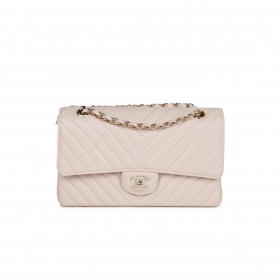 CHANEL MEDIUM CLASSIC DOUBLE FLAP BAG BEIGE CHEVRON CAVIAR LIGHT GOLD HARDWARE (25*15*7cm)