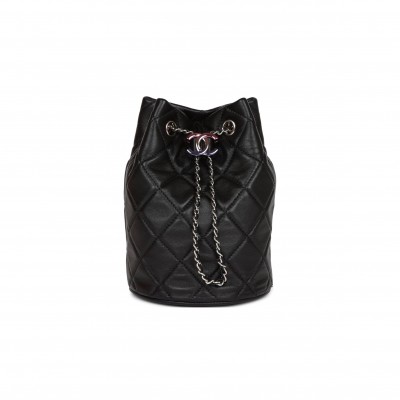 CHANEL MINI BUCKET BAG BLACK LAMBSKIN SILVER HARDWARE (19*14*14cm)