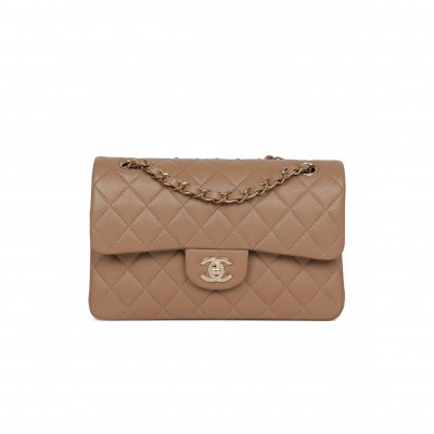 CHANEL SMALL CLASSIC DOUBLE FLAP DARK BEIGE CAVIAR LIGHT GOLD HARDWARE (23*13*6cm)