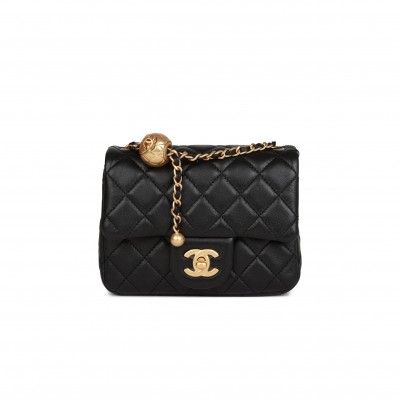 CHANEL PEARL CRUSH MINI SQUARE FLAP BAG BLACK LAMBSKIN ANTIQUE GOLD HARDWARE  (17*14*8cm)