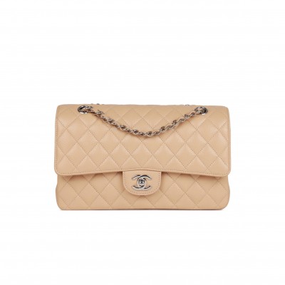 CHANEL MEDIUM CLASSIC DOUBLE FLAP BAG BEIGE CAVIAR SILVER HARDWARE (25*15*7cm)