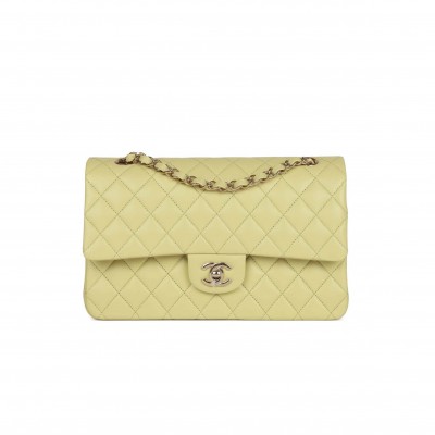 CHANEL MEDIUM CLASSIC DOUBLE FLAP BAG LIGHT GREEN LAMBSKIN LIGHT GOLD HARDWARE (25*15*7cm)