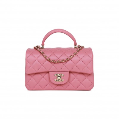 CHANEL MINI RECTANGULAR FLAP WITH TOP HANDLE DARK PINK LAMBSKIN LIGHT GOLD HARDWARE (22*15*8cm)