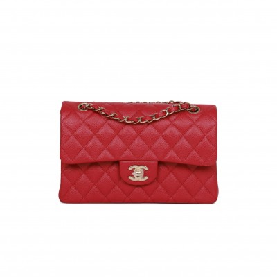 CHANEL SMALL CLASSIC DOUBLE FLAP DARK PINK CAVIAR LIGHT GOLD HARDWARE (23*13*6cm)