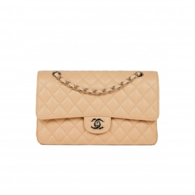 CHANEL MEDIUM CLASSIC DOUBLE FLAP BAG BEIGE CAVIAR SILVER HARDWARE (25*15*7cm)