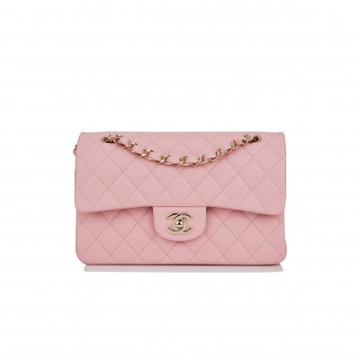 CHANEL SMALL CLASSIC DOUBLE FLAP PINK CAVIAR LIGHT GOLD HARDWARE (23*13*6cm)