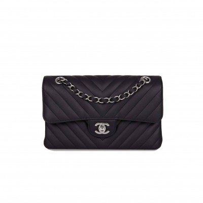 CHANEL SMALL CHEVRON CLASSIC DOUBLE FLAP BLACK CALFSKIN SILVER HARDWARE (23*13*6cm)