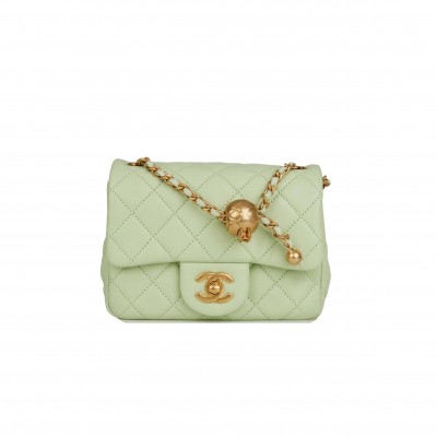 CHANEL PEARL CRUSH MINI SQUARE FLAP BAG LIGHT GREEN LAMBSKIN ANTIQUE GOLD HARDWARE (17*14*8cm）