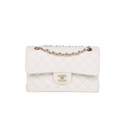 CHANEL SMALL CLASSIC DOUBLE FLAP WHITE CAVIAR LIGHT GOLD HARDWARE (23*13*6cm)