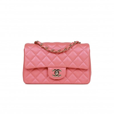 CHANEL MINI RECTANGULAR FLAP BAG PINK IRIDESCENT LAMBSKIN LIGHT GOLD HARDWARE (20*13*6cm)