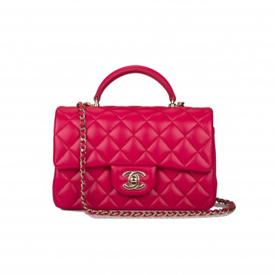 CHANEL MINI RECTANGULAR FLAP WITH TOP HANDLE DARK PINK LAMBSKIN LIGHT GOLD HARDWARE (22*15*8cm)