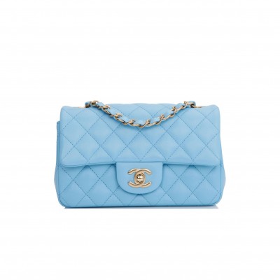 CHANEL MINI RECTANGULAR FLAP BAG BLUE LAMBSKIN LIGHT GOLD HARDWARE (20*13*6cm)