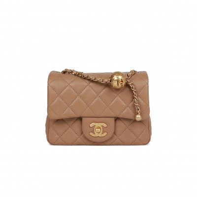 CHANEL PEARL CRUSH MINI SQUARE FLAP BAG BEIGE LAMBSKIN ANTIQUE GOLD HARDWARE (17*14*8cm)