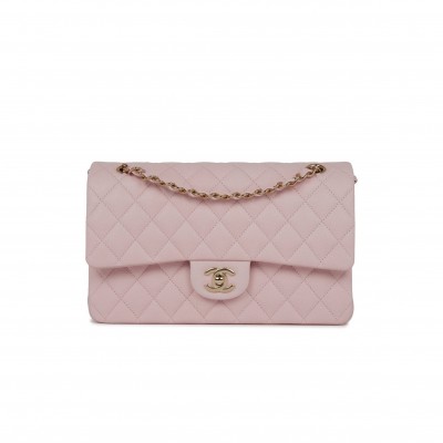 CHANEL MEDIUM CLASSIC DOUBLE FLAP BAG LIGHT PINK CAVIAR LIGHT GOLD HARDWARE (25.5*15.2*7cm)