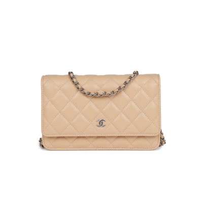 CHANEL WALLET ON CHAIN WOC BEIGE CAVIAR SILVER HARDWARE (19*12*4cm)