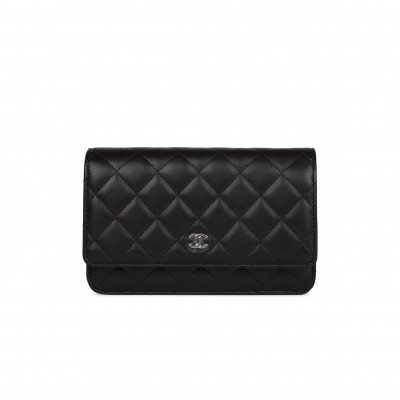 CHANEL WALLET ON CHAIN WOC BLACK LAMBSKIN SILVER HARDWARE (19*12*4cm)