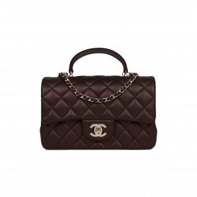 CHANEL MINI RECTANGULAR FLAP BAG WITH TOP HANDLE BURGUNDY LAMBSKIN LIGHT GOLD HARDWARE (22*15*8cm)