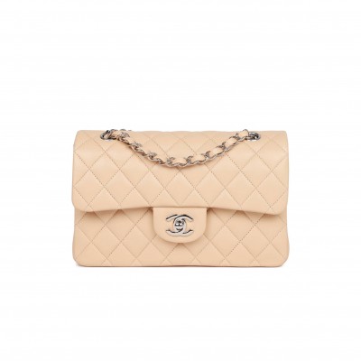 CHANEL SMALL CLASSIC DOUBLE FLAP BEIGE LAMBSKIN SILVER HARDWARE (23*13*6cm)