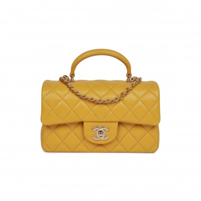 CHANEL MINI RECTANGULAR FLAP WITH TOP HANDLE YELLOW LAMBSKIN LIGHT GOLD HARDWARE (22*15*8cm)