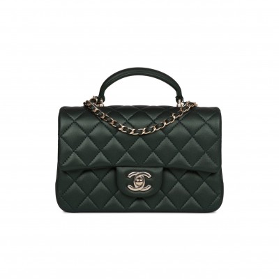 CHANEL MINI RECTANGULAR FLAP WITH TOP HANDLE DARK GREEN LAMBSKIN LIGHT GOLD HARDWARE (22*15*8cm)