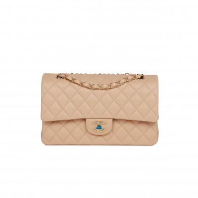 CHANEL MEDIUM CLASSIC DOUBLE FLAP BAG BEIGE LAMBSKIN LIGHT GOLD HARDWARE (25*15*7cm)