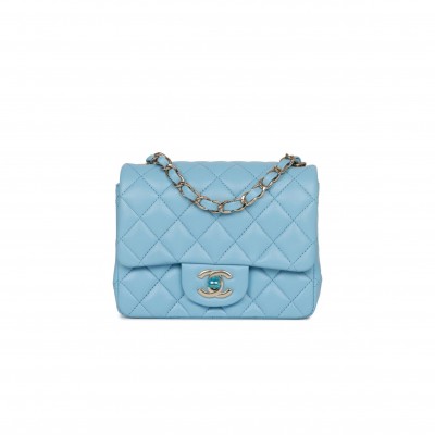 CHANEL MINI SQUARE FLAP BAG BLUE LAMBSKIN LIGHT GOLD HARDWARE (17*13*8cm)