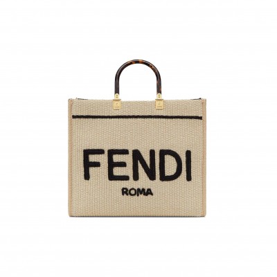 FENDI SUNSHINE MEDIUM - BEIGE AND BLACK STRAW SHOPPER 8BH386AKRPF1CBX (35*31*17cm)