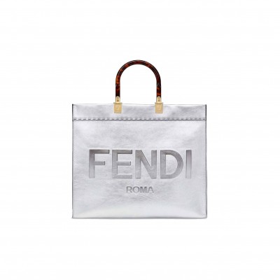 FENDI SUNSHINE MEDIUM - SILVER LAMINATED LEATHER SHOPPER 8BH386AJH7F0RXT (35*31*17cm)