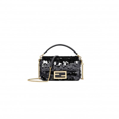 FENDI BAGUETTE MINI - BLACK SEQUIN AND LEATHER BAG 8BS017AMP0F0KUR (19*11.5*4cm)