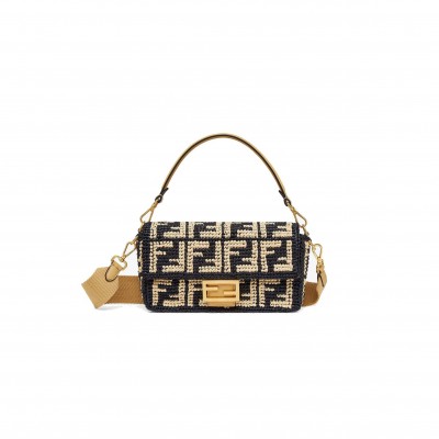 FENDI BAGUETTE - BLACK RAFFIA BACK WITH CROCHETED FF 8BR600AKBYF1HOG (27*15*6cm)