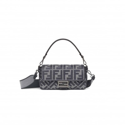 FENDI BAGUETTE - GRAY HOUNDSTOOTH WOOL BAG WITH FF EMBROIDERY 8BR600AKRZF1J5M (27*15*6cm)