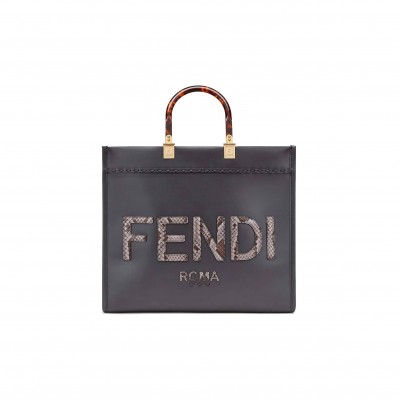 FENDI SUNSHINE MEDIUM - DARK GRAY LEATHER AND ELAPHE SHOPPER 8BH386AHN5F1DMK (35*31*17cm)