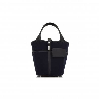 HERMES PICOTIN CARGO 18 BLEU MARINE AND BLACK SWIFT AND TOILE CANVAS PALLADIUM HARDWARE (17.8*12.7*19.1cm)