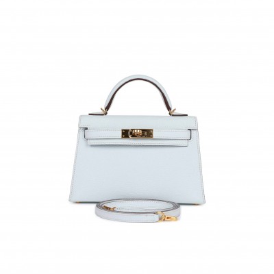 HERMES MINI HERMES KELLY SELLIER 20 BLEU BRUME CHEVRE GOLD HARDWARE (19.1*11.4*5.6cm)