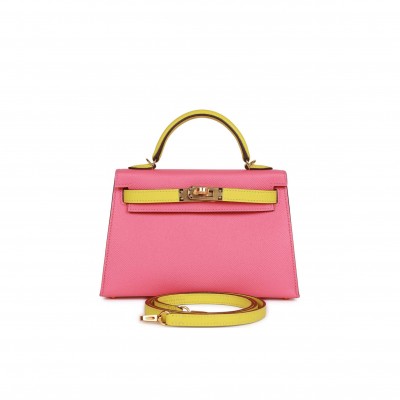 HERMES SPECIAL ORDER (HSS) KELLY MINI SELLIER 20 ROSE AZALEE AND LIME EPSOM GOLD HARDWARE (19.1*11.4*5.6cm)