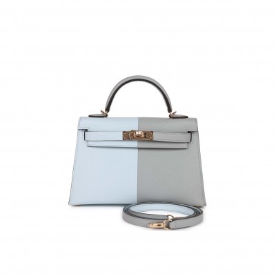 HERMES SPECIAL ORDER (HSS) KELLY MINI SELLIER 20 CASAQUE BLEU BRUME AND GRIS MEYER EPSOM PERMABRASS HARDWARE (19.1*11.4*5.6cm)