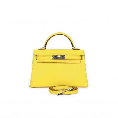 HERMES MINI KELLY SELLIER 20 JAUNE CITRON CHÈVRE PALLADIUM HARDWARE (19.1*11.4*5.6cm)