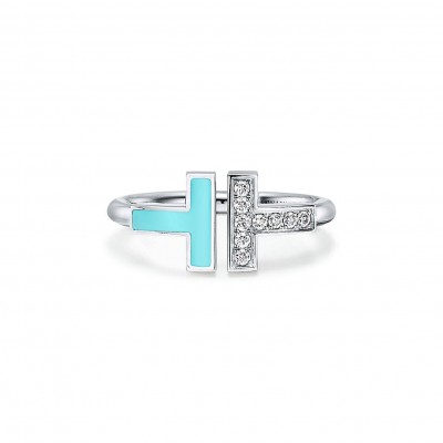 Tiffany T Diamond and Turquoise Wire Ring in 18k White Gold