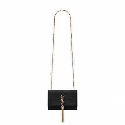 YSL KATE SMALL CHAIN BAG WITH TASSEL IN CROCODILE-EMBOSSED SHINY LEATHER 474366DND0J1000 (20*12.5*5cm)