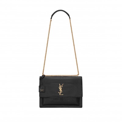 YSL SUNSET LARGE CHAIN BAG IN CROCODILE-EMBOSSED SHINY LEATHER 498779DND0J1000 (27*18*8cm)