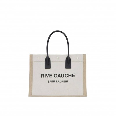 YSL RIVE GAUCHE SMALL TOTE BAG IN LINEN AND LEATHER 617481FAABR9054 (39*31*18cm)