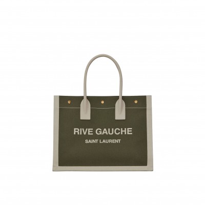 YSL RIVE GAUCHE SMALL TOTE BAG IN LINEN AND LEATHER 617481FAADI3281 (39*31*18cm)