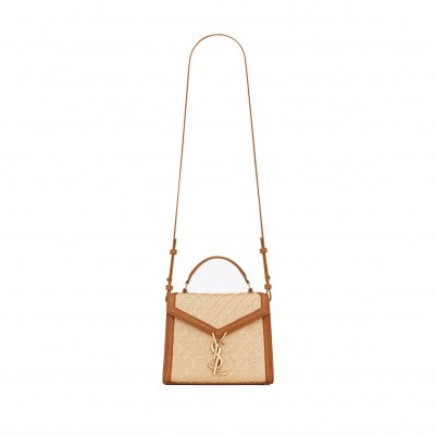 YSL CASSANDRA MINI TOP HANDLE BAG IN RAFFIA AND VEGETABLE-TANNED LEATHER 623930FAA7D9783 (20*16*7.5cm)