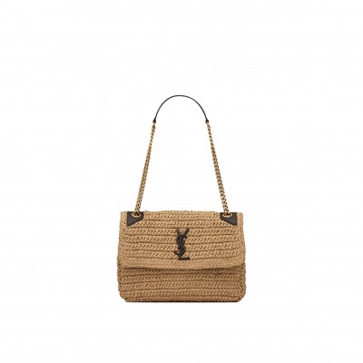 YSL NIKI MEDIUM CHAIN BAG IN RAFFIA AND LEATHER 633187GG66W7069 (28*20*8.5cm)