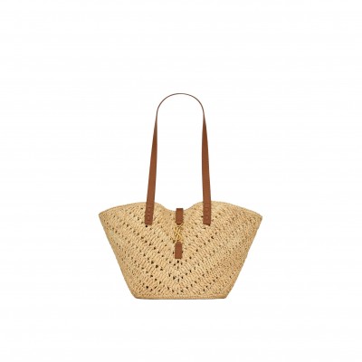 YSL PANIER SMALL IN RAFFIA AND VEGETABLE-TANNED LEATHER 751240GAADJ2080 (38*21*20cm)