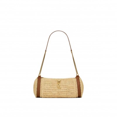 YSL CASSANDRE SMALL CYLINDRIC BAG IN RAFFIA AND VEGETABLE-TANNED LEATHER 744504GAABN2080 (24.5*11*11cm)