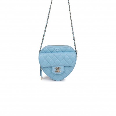 CHANEL CC IN LOVE LARGE HEART BAG BLUE LAMBSKIN LIGHT GOLD HARDWARE (20*18*6cm)